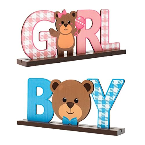 C1krint Teddy Bear Wooden Decorative Signage Boy Girl Gender Reveal Decor 2Pcs BluePink Table Centerpieces for HeShe Baby Shower Party Supplies 94 x 39 inches Wood