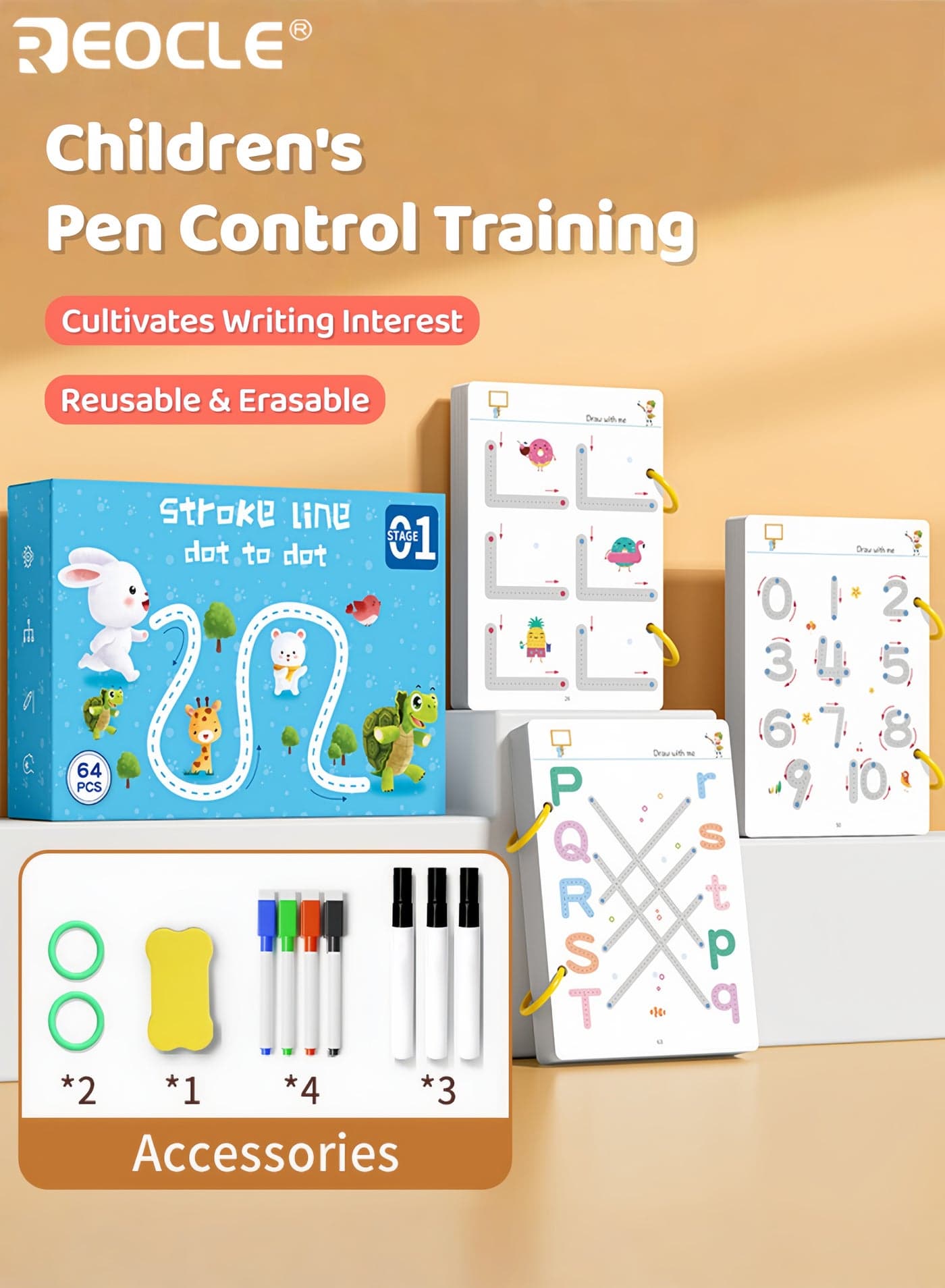 Kid's Writing Practice Set with 64 Pages and 7 Erasable Pens Digital Pen Control Workbook with Refillable Design for Kids Writing Skill Improvement