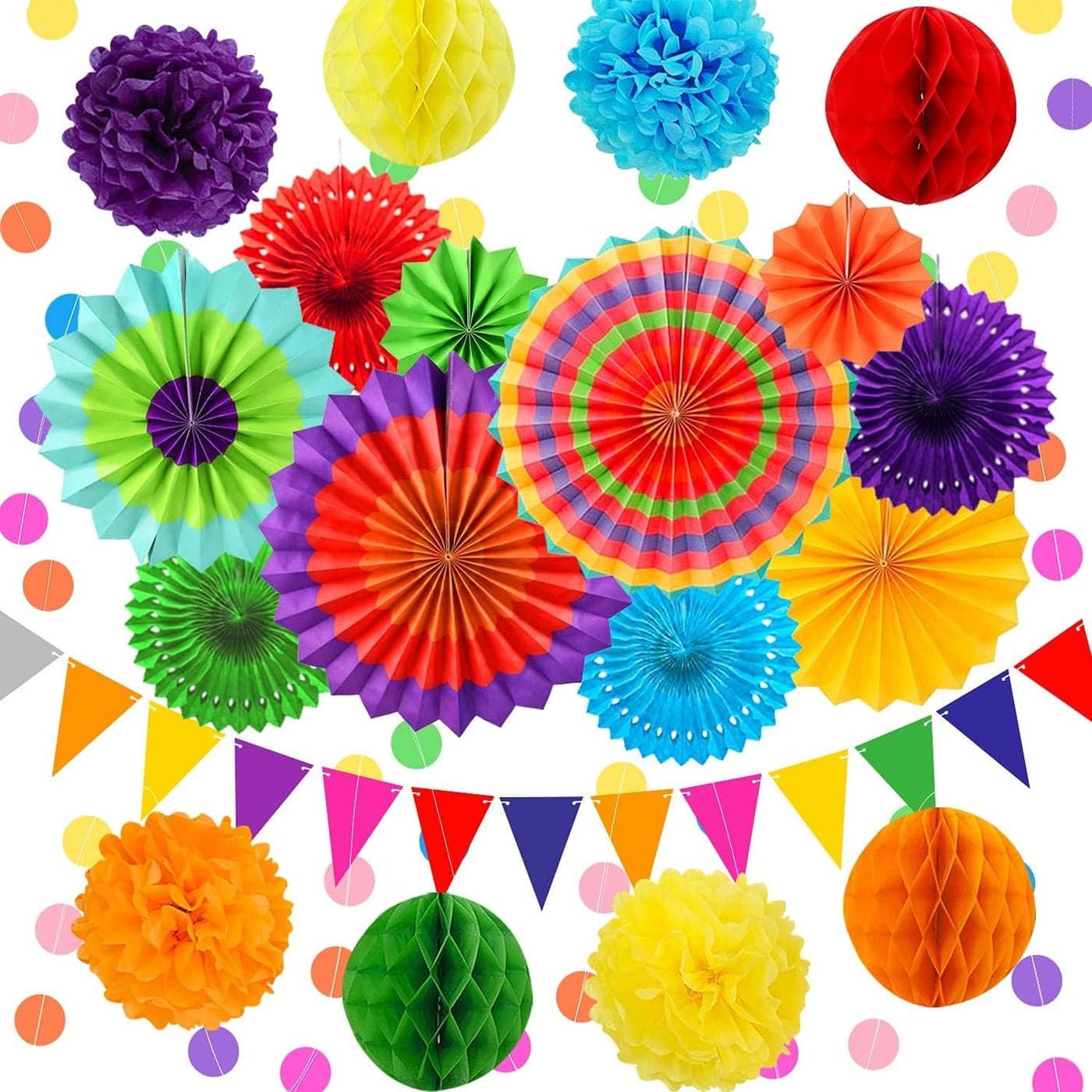 INCHEON PARTY Tissue Hanging Paper Fan Pom Poms Circle Dots Garland Honeycomb Balls Triangle Pennant Set Decorative Party Supplies for Wedding Anniversary Birthday Dcor Multicolor