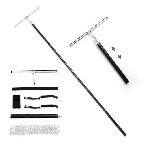 Mesiiloly 16.7“- 59.5" Long Handle Window Squeegee with Extension Pole, 12.4" Wide Metal Shower Squeegee for Glass Doors, 2-in-1 Squeegee for Home Window Cleaning, Tile Wall, Car (Silver)