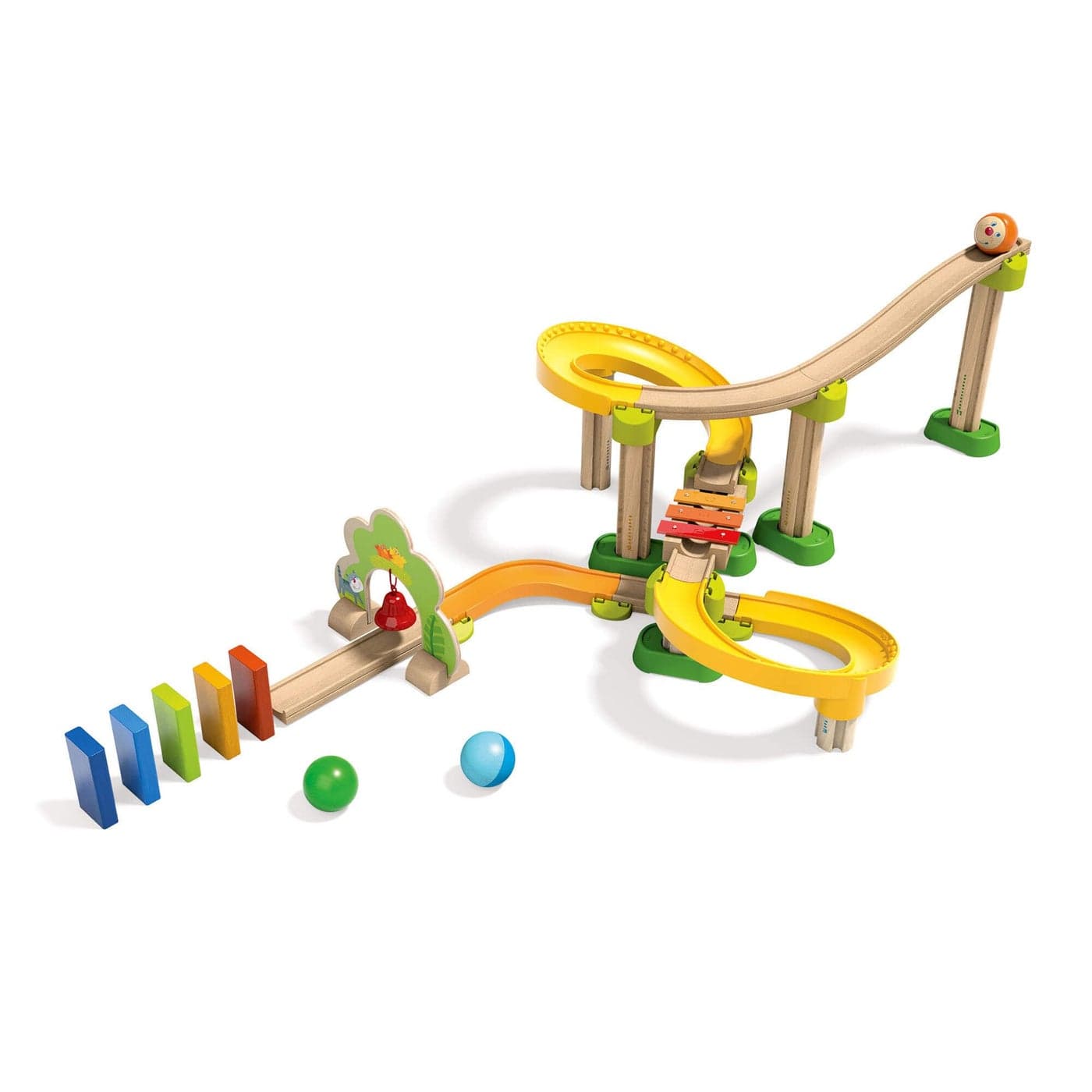 HABA Kullerbu SimSalaKling 38 Piece Wooden Plastic Train Track Set for Balls with Musical Effects and Domino Blocks