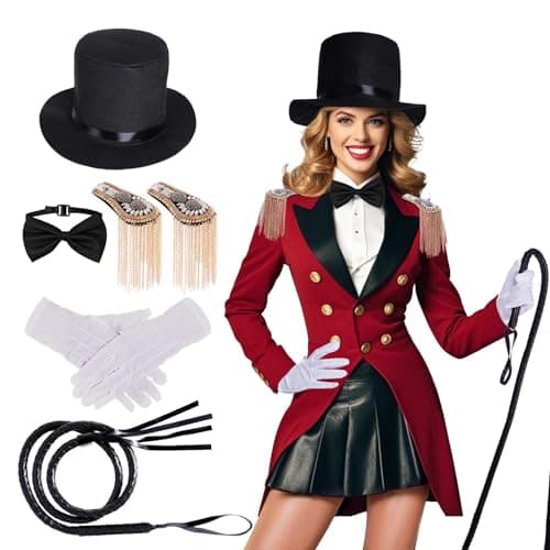 mifengda 7Pcs Circus Ringmaster Costume Women Men Halloween Circus Costume Accessories Adult Ringmaster Costume for Halloween Party Cosplay Black, White