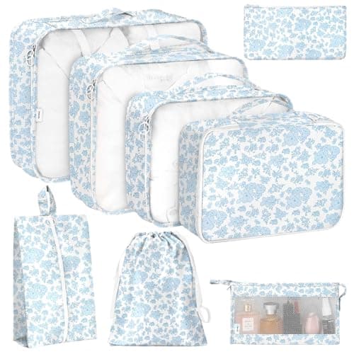 8 Set Packing Cubes for Travel Luggage Packing Organizers Accessories Large Toiletries Bag for Clothes Shoes Cosmetics Blue Flower