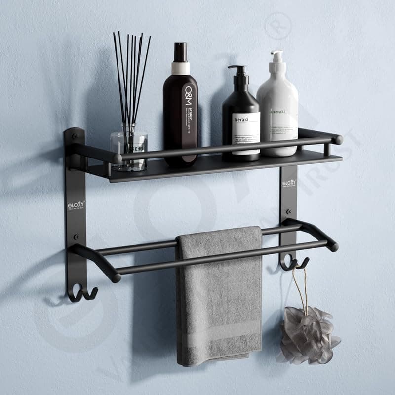 GLOXY Black Matte Finish Washroom Storage Organizer - Premium Bathroom Stainless Steel Shelf with Towel Holder Rods - Bathroom Fittings Accessories Set for Home, Office. Hotels & Restaurants