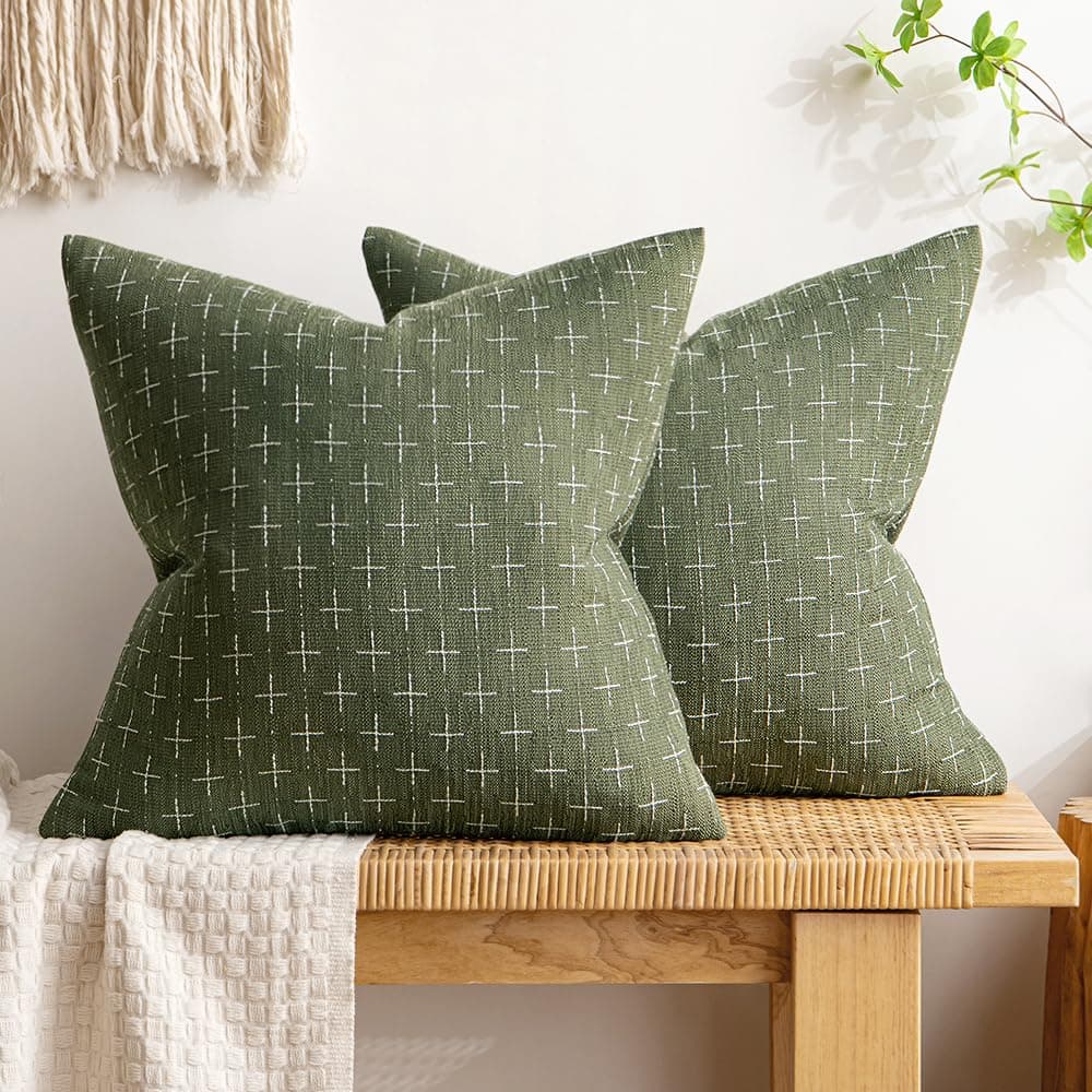 MIULEE Pack of 2 Vintage Decorative Burlap Linen Throw Pillow Covers Modern Farmhouse Pillowcase Rustic Woven Textured Cushion Cover for Sofa Couch Bed 20x20 Inch Olive Green