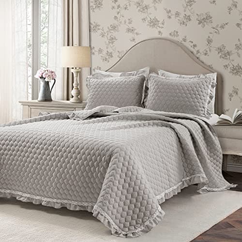 Lush Decor Ella Ruffle Lace Quilt, 3 Piece Set, King, Light Gray - Cute Quilt - King Bedding Set - Gray Bedding - Coquette Decor - Ruffle Trim - Lace Trim