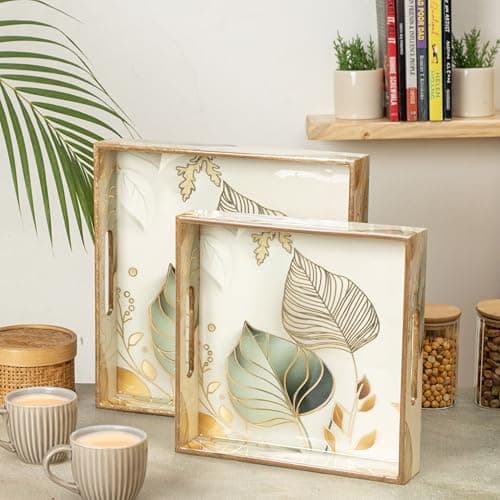 CivanaHomes Wooden Serving Tray with Gold Engraving | Set of 2 | Size : 12 x 12 inch & 10 x 10 inch | Enamel Coated Waterproof | Square Trays | Decorative Trays (White Leaf)