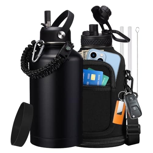 VICKNIY 64 oz Insulated Water Bottle with Straw Auto Spout Lids Paracord Handle Half Gallon Waterbottle Strap Carrier Protective Boot Wide Mouth Metal Canteen Thermo Mug Leakproof Sports