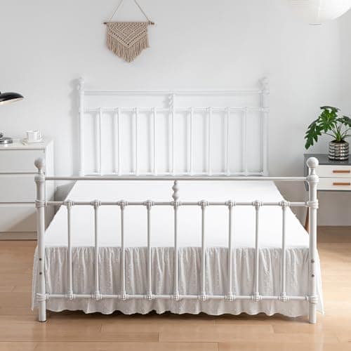 Tufted Dot Bed Skirt Full Size Ruffled Bed Skirt with Split Corners, 14 Inch Drop Dust Ruffle Bed Skirts with Platform, White