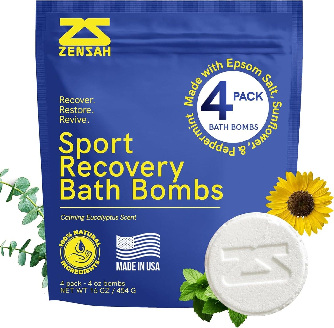 Zensah Sport Recovery Bath Bombs Magnesium Epsom Salt for Soaking Sore Muscle Pain Relief Eucalyptus Relaxation for Athletes Men and Women 4 Count Eucalyptus