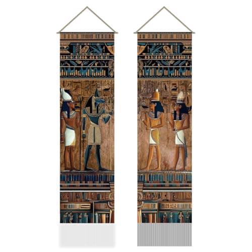 AHANDMAKER 2Pcs Ancient Egyptian Murals Tapestry, Egypt Religion Historical Mythology Pharaohs Hieroglyphic Hanging Tassel Tapestry for Bedroom Living Room Backdrop Coffee Home Banner Décor(45.7x13 Inch)