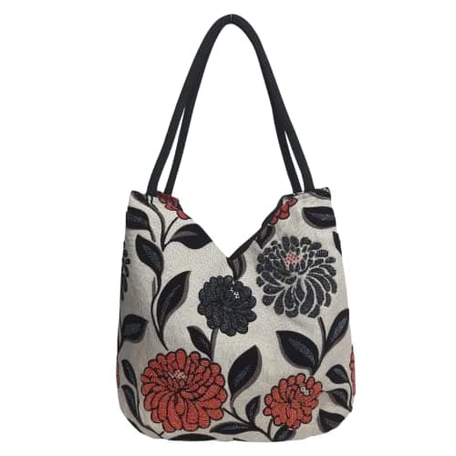 HCRAFT Embroidered Women's Handbag with Flowers, Beads & Zipper - Mother's Day Shoulder Bag, 13.8x6.3x14.5 Fabric Hobo with Inner Pocket