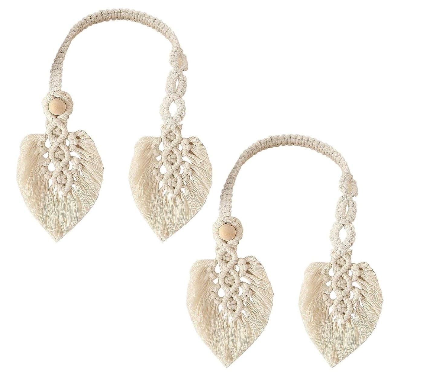 BLUE BEADS 2 Pack Boho Curtain Tiebacks,Hand Knitting Curtain Holdbacks with Adjustable Natural Wooden Bead Woven Rope, Bohemian Home Decor Drapery Holdback (Double Leaf)