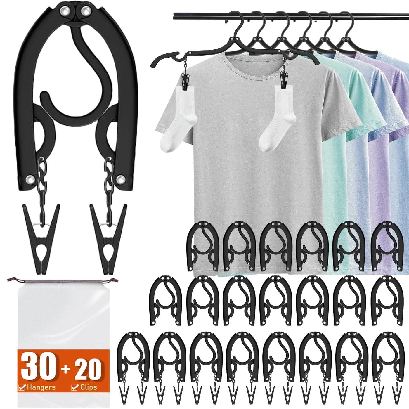 30 Pack Foldable Travel Hangers with 20 Clips Cruise Essentials 2025 Lightweight Portable Collapsible Plastic Hangers Travel Must Haves for Suitcase Flying Camping Hotel RV