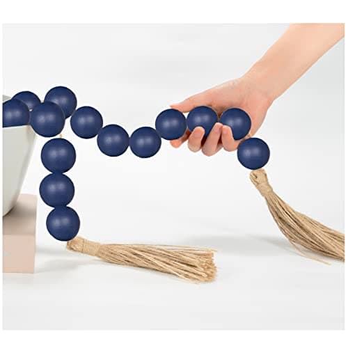 OMISHE 76" Long Extra Large Wood Bead Garland Navy Blue with 1.6" Diameter Wooden Beads and Tassels, Rustic Farmhouse Country Decorative Beads for Home Decor Tiered Tray Decor, Navy Blue