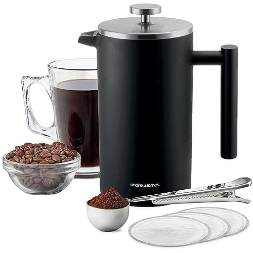 Andrew James Double Walled Stainless Steel Cafetiere Gift Set with 3 Mesh Filters Coffee Measuring Spoon and Bag Sealing Clip Delicious French Press Coffee Easy to Clean 1000ml Black