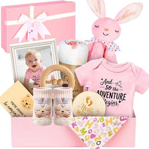 New Parents Gifts for Couples First Time Mom Dad Baby Girl Gift Basket Baby Shower Newborn Congratulations Expecting Parents Pregnancy Announcement Gender Reveal Onesie Blanket Socks Pink