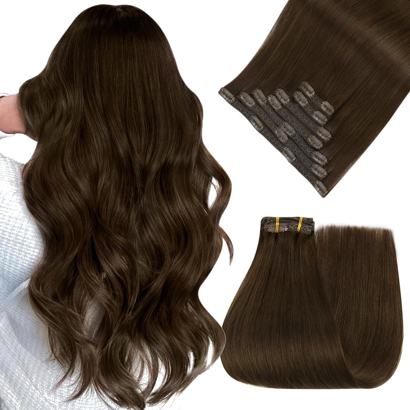 Easyouth 22 Inch Clip in Real Hair Extensions Darkest Brown Soft and Silky Clip in Hair Extensions Human Hair with no Tangling Brown Clips in Real Human Hair Extension Add Length and Volume 7Pcs 120G