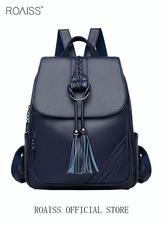 Ladies Fashion PU Leather Backpack Tassel Decor Flap Textured Knapsack Leisure Large Schoolbag Soild Travel Commute New Double Shoulder Bag for Womens College Girls Students Blue