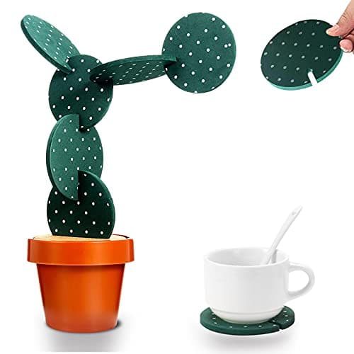 Cactus Coasters Set of 6 DIY Funny Drink Holders with Flowerpot, Novelty Gifts for Bar Home Decor (Green with Point)
