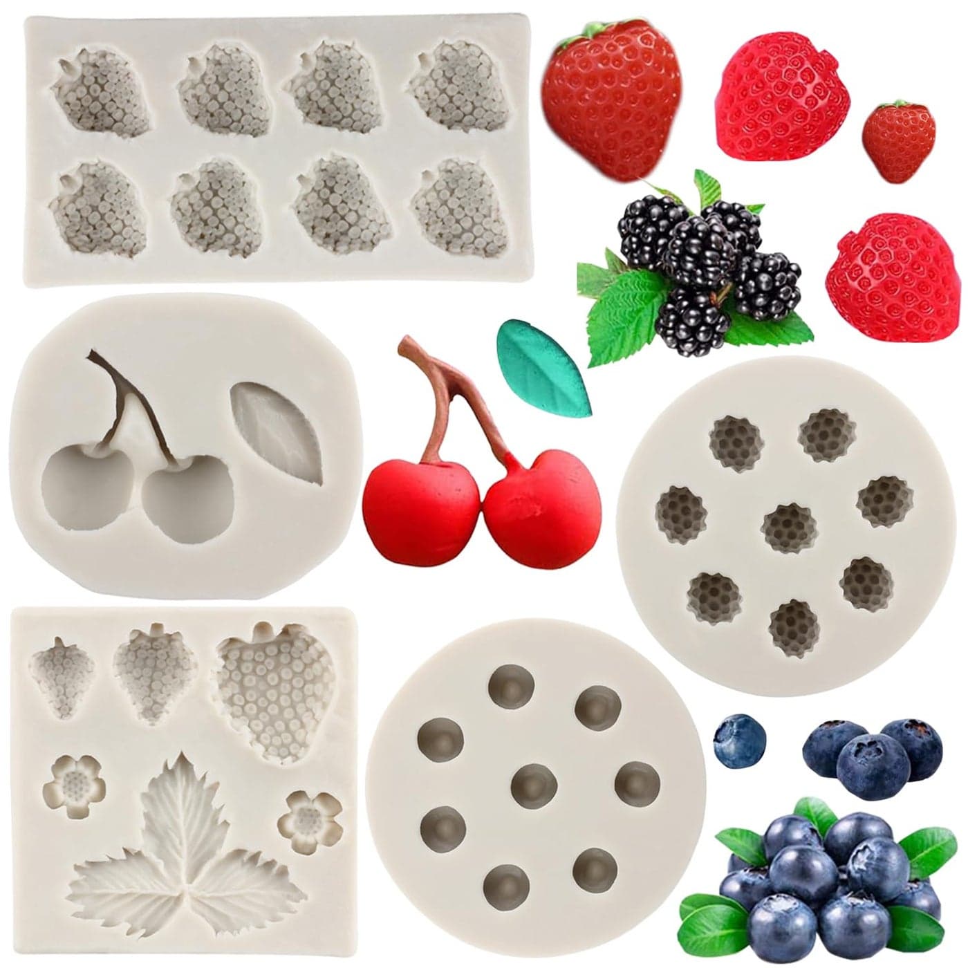 Sijiangmold Blueberry Raspberry Cherry Strawberry Cake Fondant Molds Berry Series Silicone Mold For Cake Decoration Cupcake Topper Polymer Clay Chocolate Candy Gum Paste Set Of 5