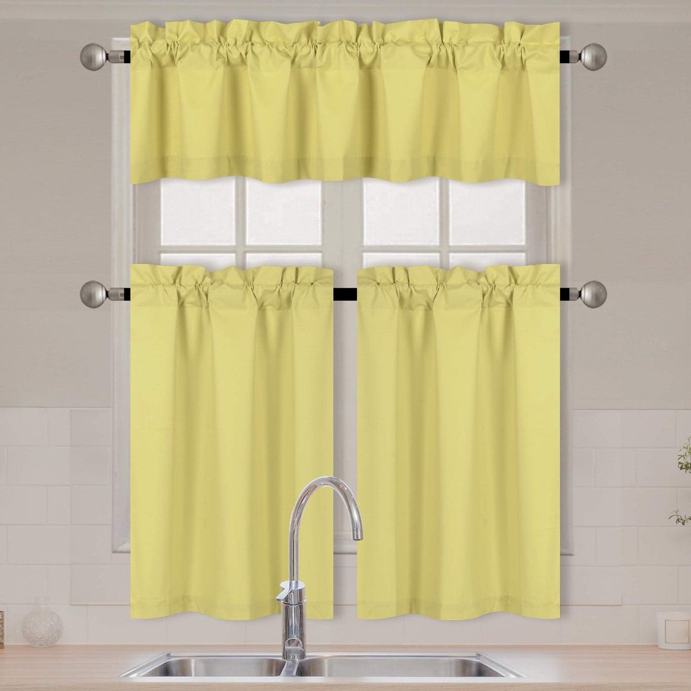 Fancy Collection 3 Piece Faux Silk Blackout Kitchen Curtain Set Tier Curtains and Valance Solid Yellow Thermal Backing