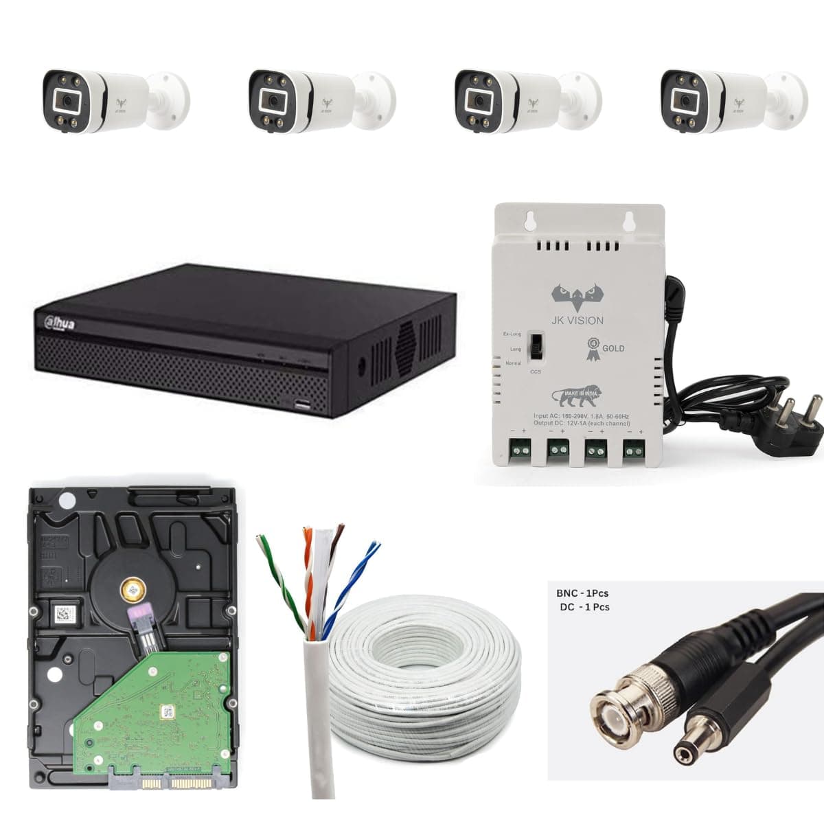 JK Vision 24MP ColorVu CCTV Camera System for Home Office School 4 Bullet 500 GB Hard Disk 4 Channel Power Supply DVR 90Mtr Cable BNCDC