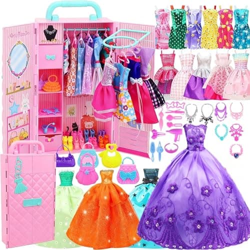 ZITA ELEMENT 108Pcs 115 Inch Girl Doll Closet with Clothes and Accessories Party Dress Gowns Fashion Dresses Shoes Swimsuits Necklaces Doll Wardrobe for Toddlers 3 Ages and Up