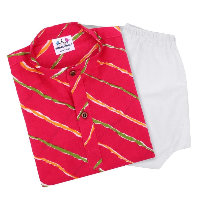 superminis Cotton Boys Sanganeri Lehariya Print Kurta Set with Elastic Closure (4-5 Years, Magenta), Printed