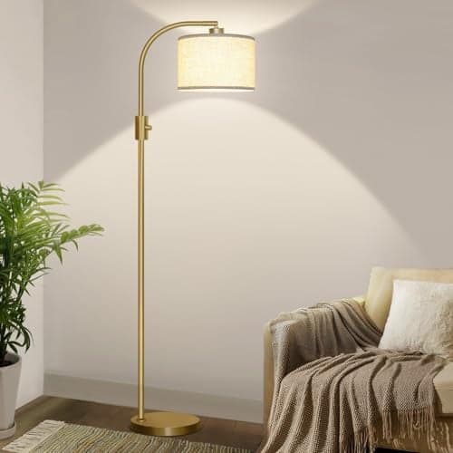 Nintiue Upgraded Modern Arc Dimmable Tall Standing Floor Lamp with Linen Shade, 1200 Lumens LED Bulb Included, for Living & Reading Room, Bedroom, Office & Nursery, Gold