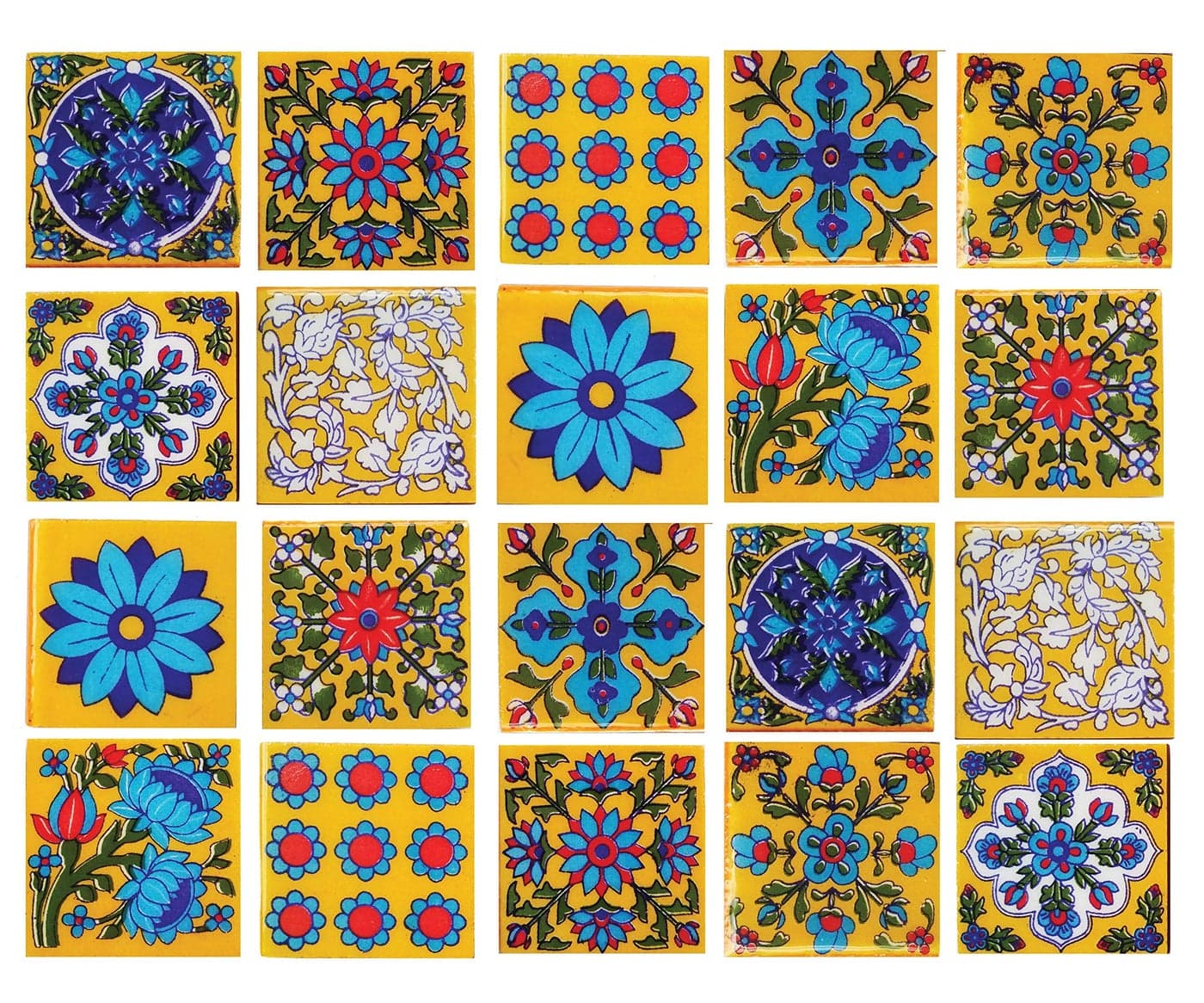 Shiv Kripa Blue Art Pottery Festive Decorative Classic Interior Exterior Crafted Tabletop Flooring Wall Traditional 2 x 2 inch Tiles Pack of 20 Tiles (Yellow & Multi)