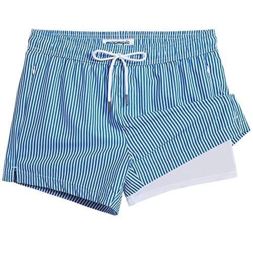 maamgic Mens Swim Trunks with Compression Liner Short Stretch Mens Bathing Suit Quick Dry Swimming Trunks Swimsuit Stripe Bluewhite Medium