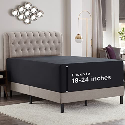 Empyrean Black Extra Deep Pocket Fitted Sheet Full Size, Hotel Luxury Deep Pocket Full Size Fitted Sheet Only Easily Fits 18 to 24 Inch Mattress, Soft, Wrinkle-Free, and Breathable with Corner Straps