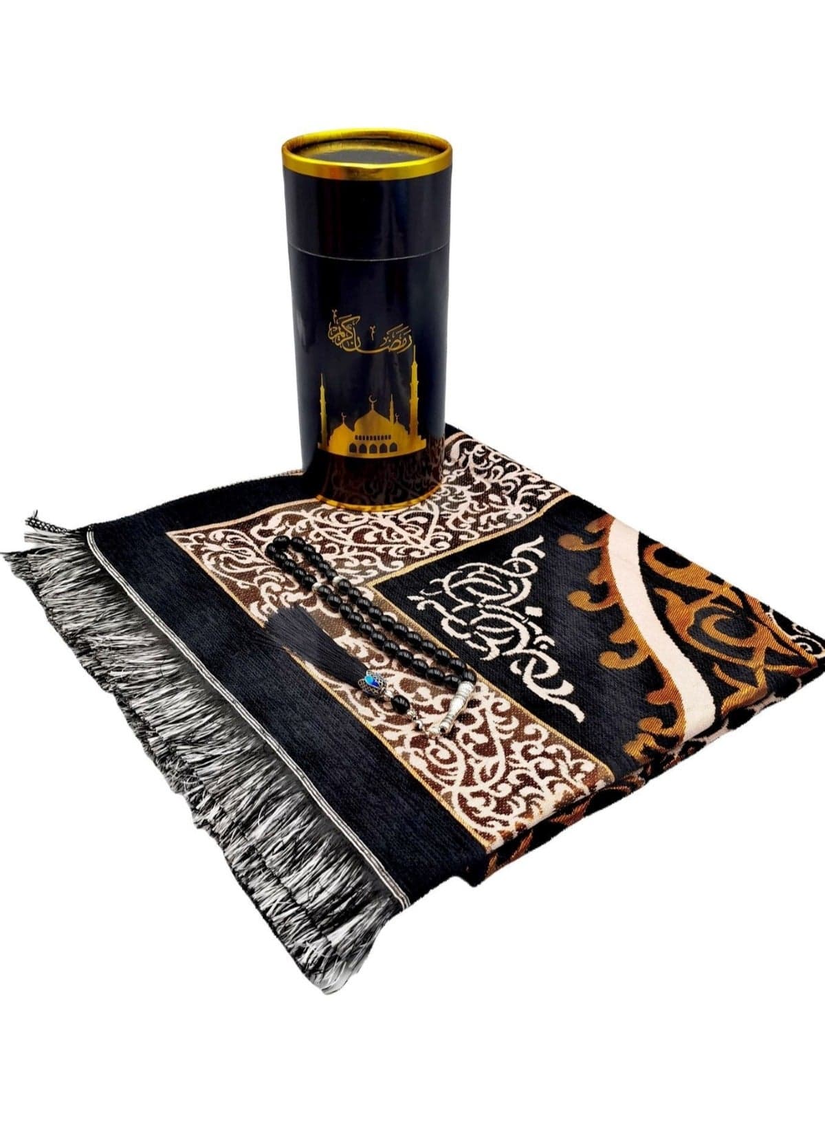 Embroidered Prayer Mat Set with Beads and Storage Box, Black