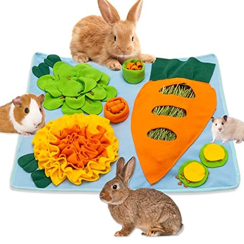 Rabbit Hay Feeder Interactive Polar Fleece Pet Foraging Mat Toy Indoor for Guinea Pig Bunny Chinchillas Hamster Ferrets Small Animals Anti Slip Feeding Mat Treat Dispenser Machine Washable