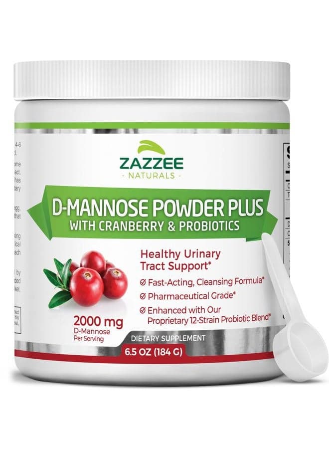 D-Mannose Powder Plus, 2000 mg, 67 Servings, Potent & Fast-Acting, Plus 5 Billion CFU Probiotics and Pure Cranberry Juice Extract, Free Scoop, 6.5 Oz, Vegan, Gluten-Free, Non-GMO, All-Natural