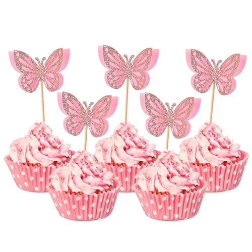 HOKPA Butterfly Cupcake Toppers 24 PCS Pink Paper Bamboo Party Decoration Kids Birthday Baby Shower Wedding Anniversary NonEdible