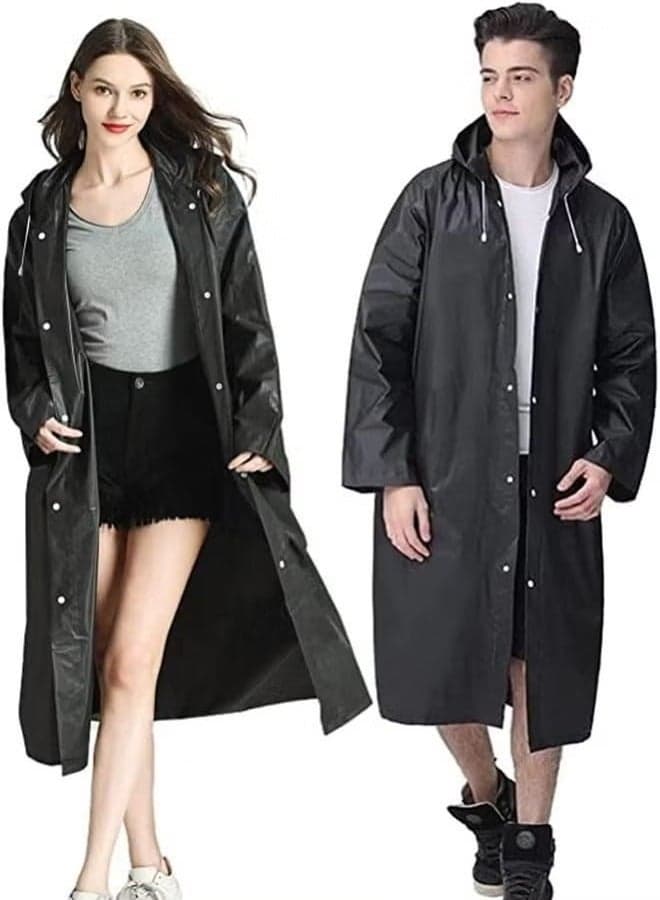 Rain Coats for Adults Reusable, 1Pcs Thickened Transparent Light Raincoat with Hood and Elastic Cuff Sleeves, EVA Rain Ponchos Rain Jackets Raincoats for Men Women, for Family Fishing Travel (Black)