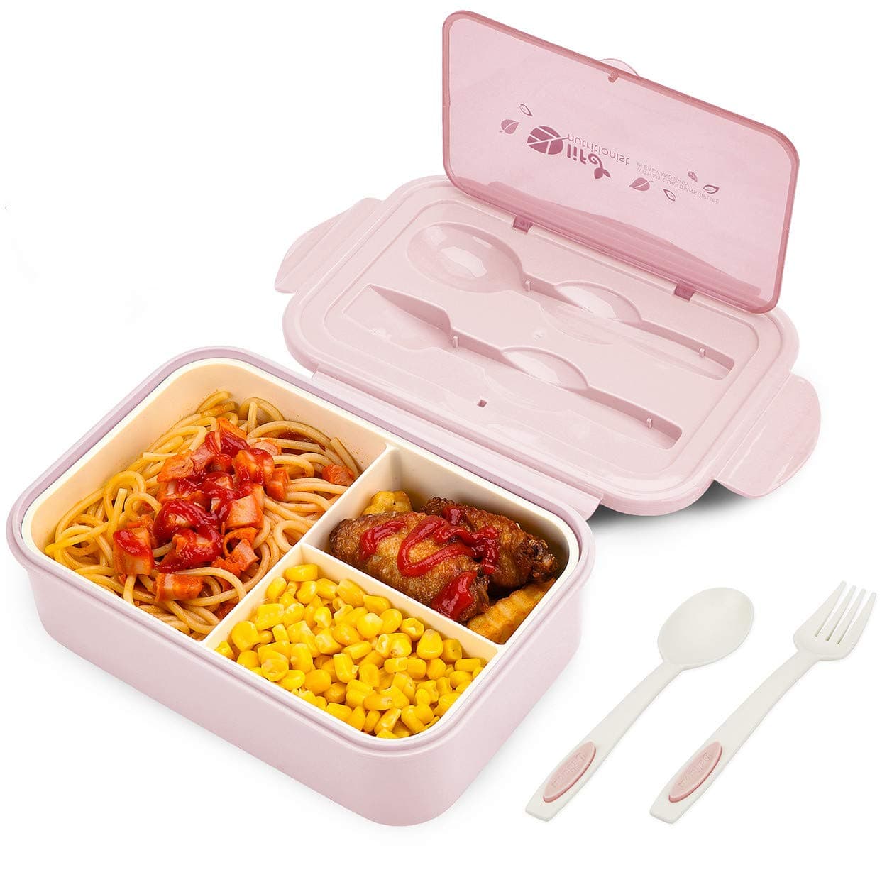 BIBURY Lunch Box Leakproof Bento Box for Kids Adults Food Container with 3 Compartments and Cutlery Set BPA Free Microwave and Dishwasher Safe Meal Prep Containers Pink