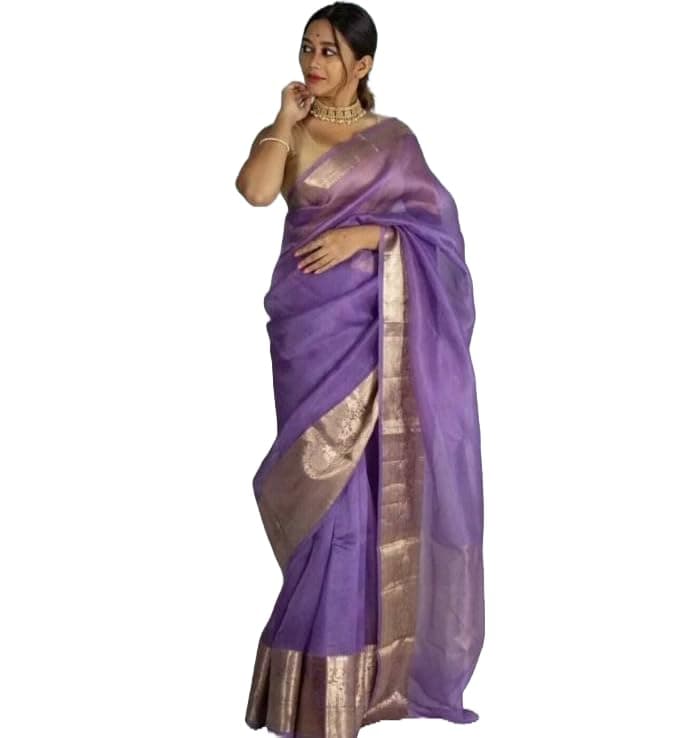 Yashika Women's Organza Saree with Floral Woven Border and Unstitched Blouse Material (AZ-YS-OG1-ORGANZA VOILET)