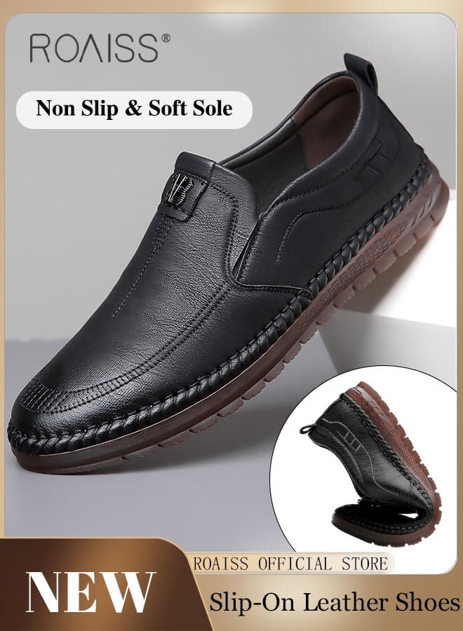 Men Leather Shoes, Low Top Slip on Shoes with Non Slip Sole, Stylish Casual Shoes for Men, Simple Classic Business Shoes, Suitable for Daily Wear, Business, Wedding and Outdoor Activities Black