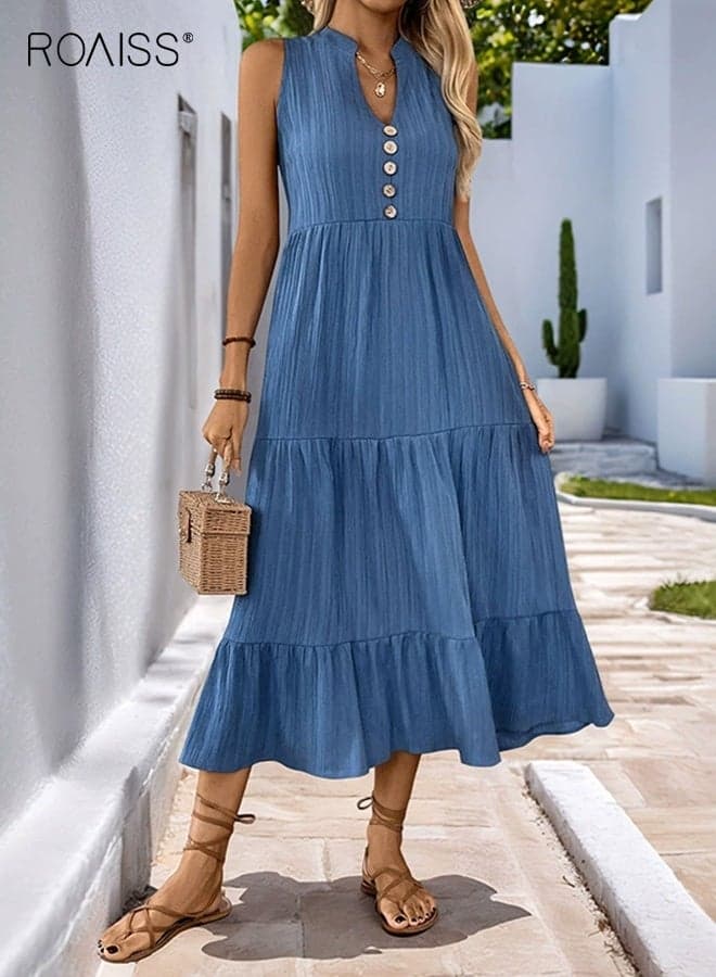 Women Ruffle Dress, Stylish Elegant A Line Dress for Ladies, Sleeveless V-neck Frock with Tapered Waist Design, Suitable for Daily Wear or Any Occasion