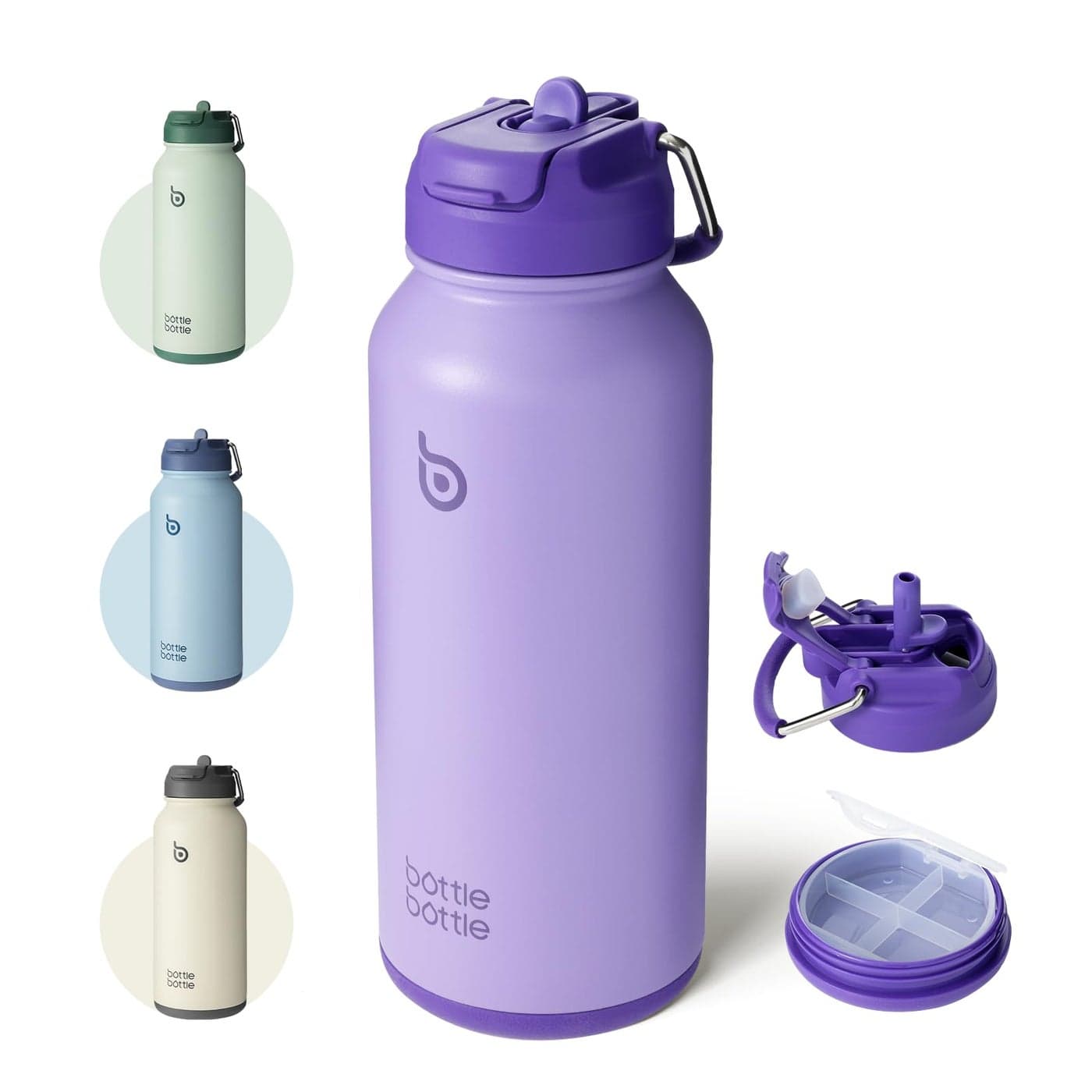 BOTTLE BOTTLE 32 oz Insulated Water Bottle Stainless Steel Sport Water Bottle with Straw Dual-use Lid Design for Gym with Pill Box (dark purple)