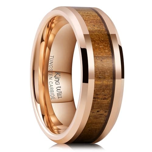 King Will 8mm Tungsten Wedding Band for Men Nature Koa Wood Grain Inlay Mens Wedding Ring Rose Gold Plated High Polished Beveled Edges Comfort Fit Size 8.5