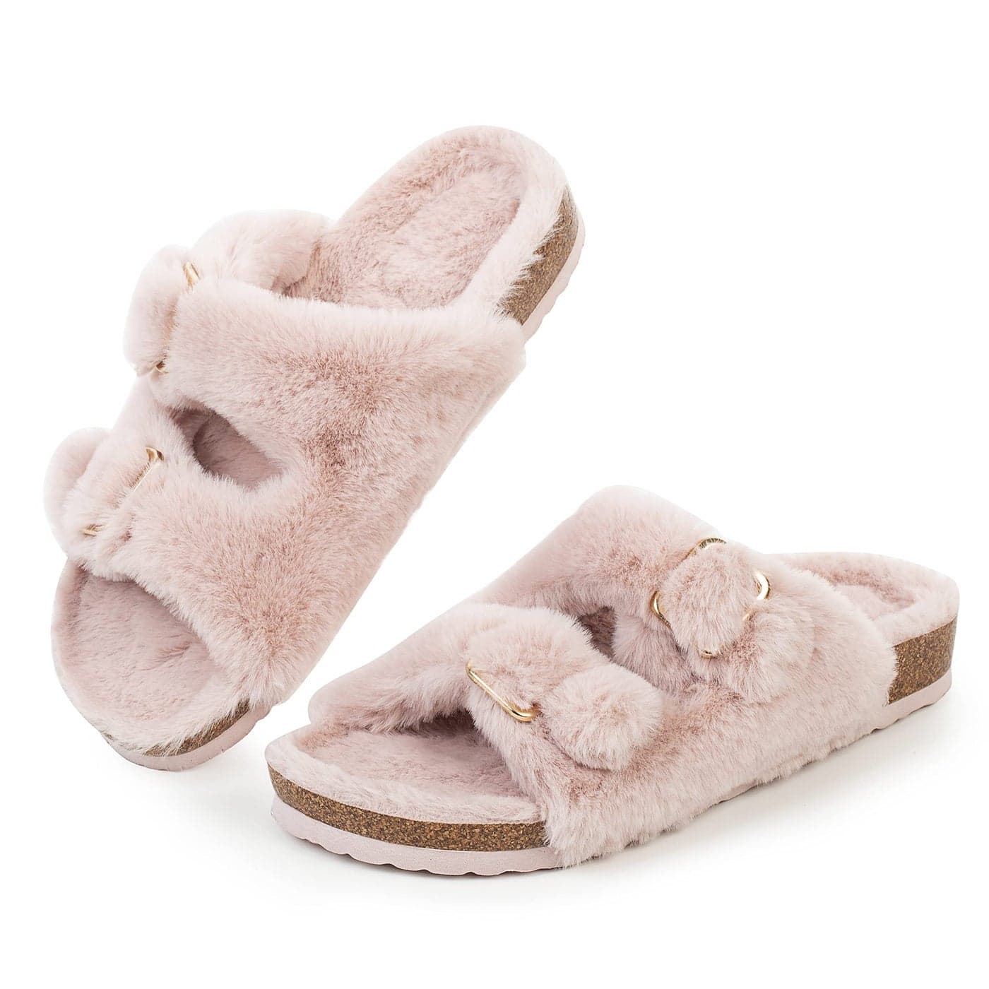 FITORY Womens Open Toe Slipper with Cozy Lining,Faux Rabbit Fur Cork Slide Sandals Pink Size 9