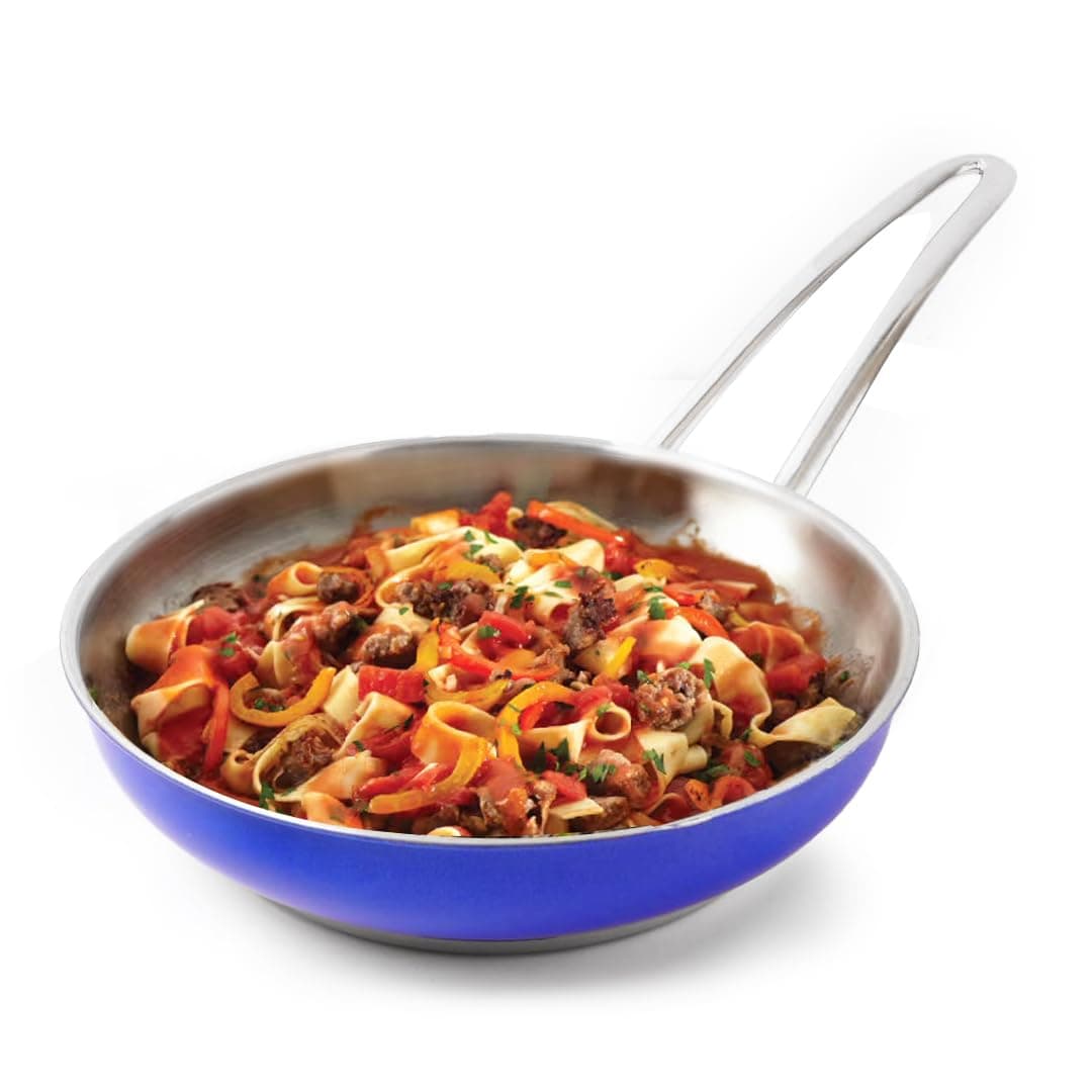 The Indus Valley Coloured Stainless Steel Fry Pan Blue Small 227cm89 inch 15Ltr 07kg Induction Friendly 3Layer Thick Bottom 100 ToxinFree Naturally Nonstick