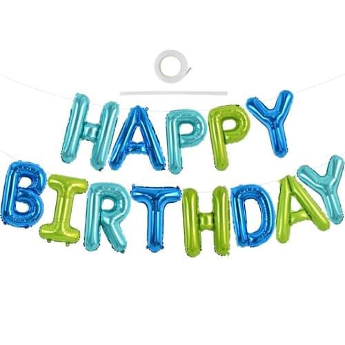 TONIFUL Blue Green Happy Birthday Balloons Banner 16 Inch Mylar Foil Letters Birthday Sign Bunting Reusable for Girls Boys Kids Adults Birthday Decorations and Party Supplies