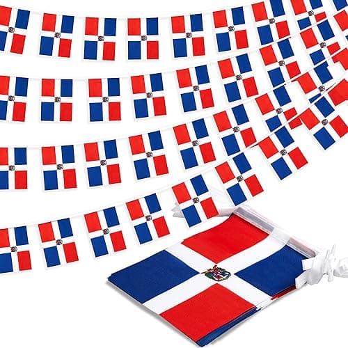 Dominican Republic String Flag Pennant Banner, Small Mini Bandera Dominicana Flags Bunting Banner, National Country Decoration for School, Party, Sports Events, Patriotic Festival, 33 Feet 30 Flags