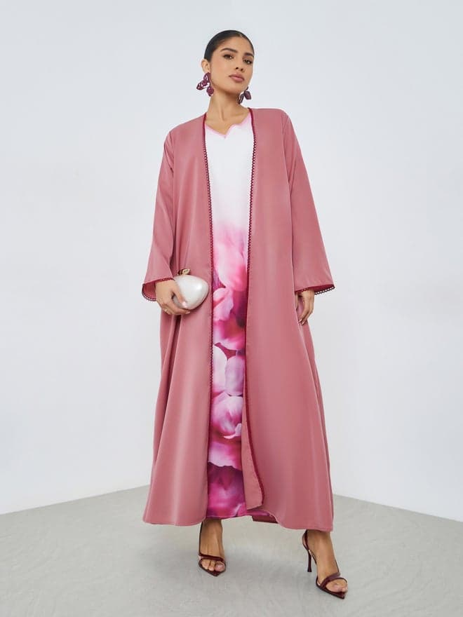 Red Front Open Abaya with Lace Trim