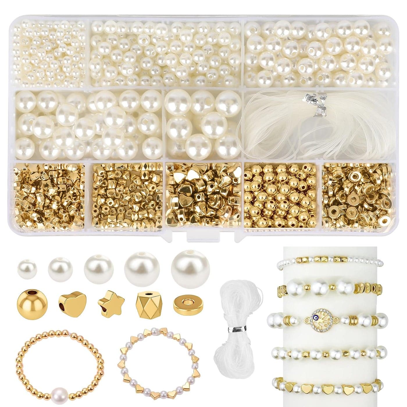 1090pcs Pearl Beads for Bracelets 4681012mm Round Pearls Craft Kit with Crystal Wire for Jewelry Making Mixed Imitation Gold Beads for Bracelet Ornament DIY Craft